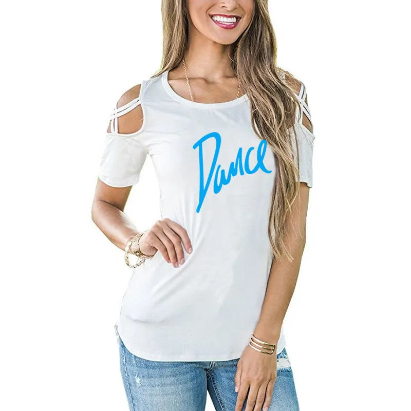 Women T-shirt 2026 New Fashion T Shirt Ladies Casual Letter Dance T-shirt Summer Casual Off Shoulder Hollow Femme Tops Tee