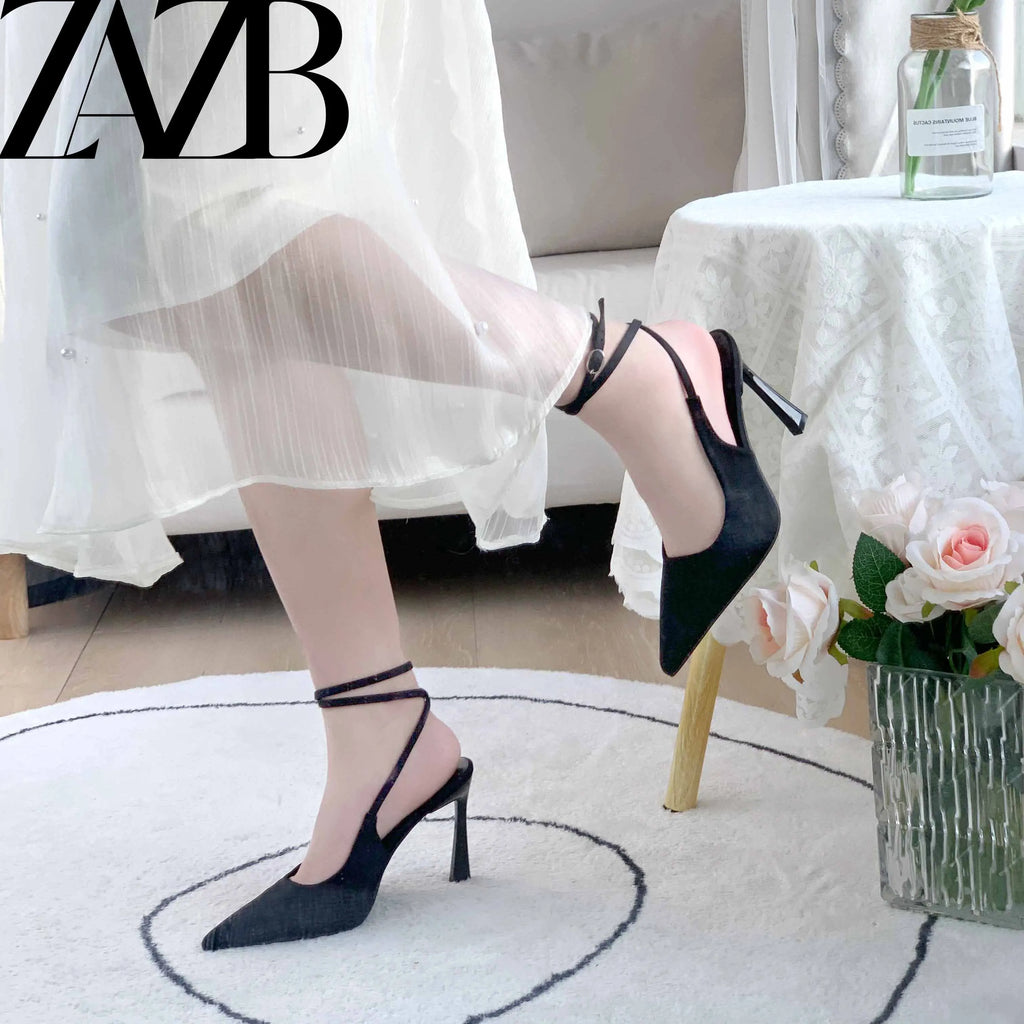 Women's Crossed Thin Ribbon Pointed Toe Heeled Sandals