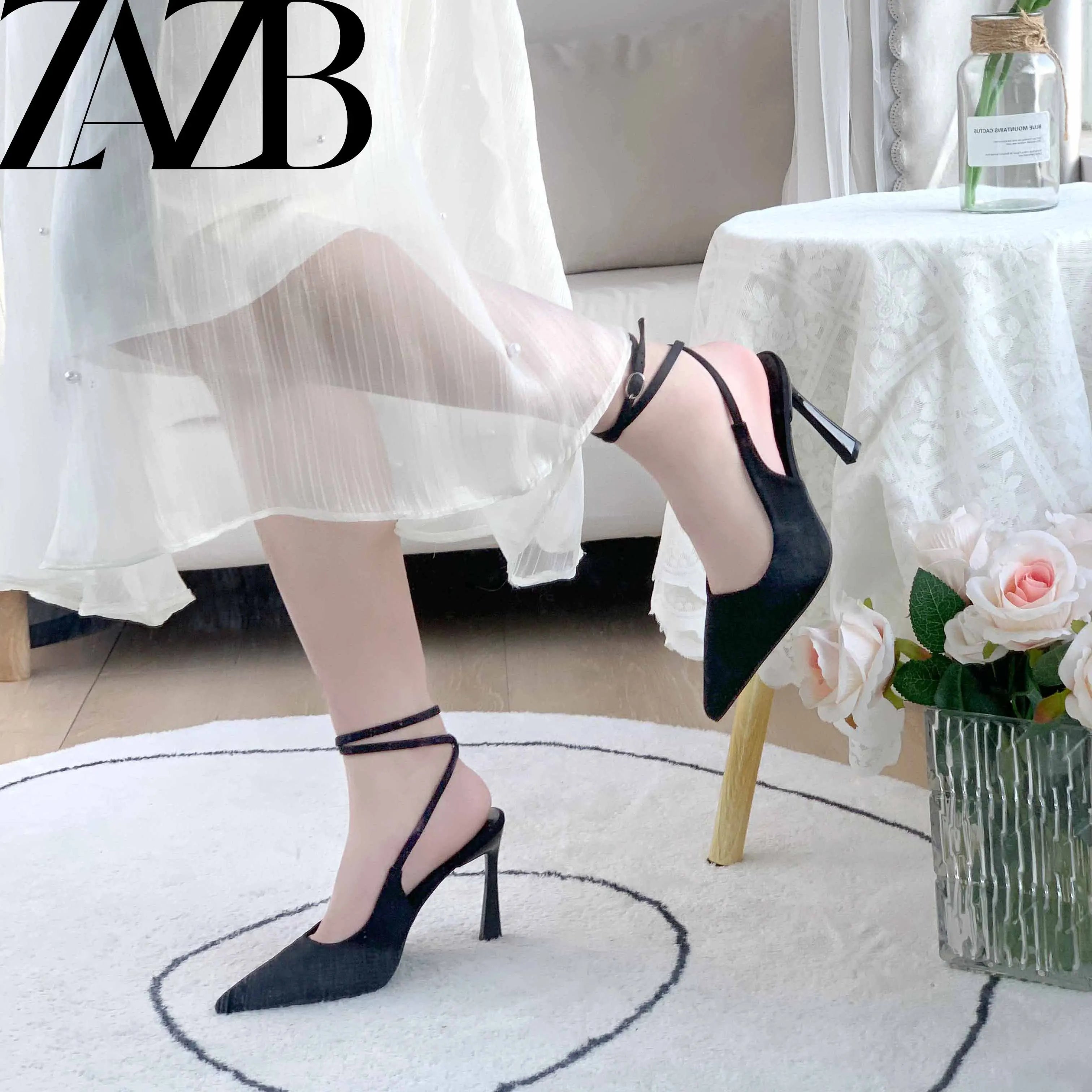 Women's Crossed Thin Ribbon Pointed Toe Heeled Sandals