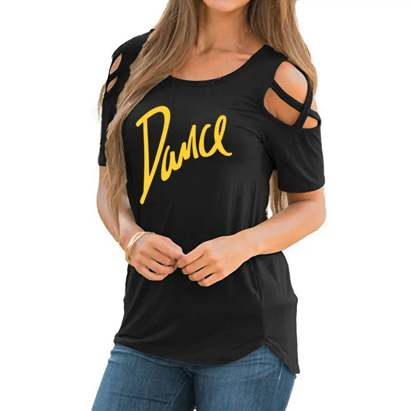 Women T-shirt 2026 New Fashion T Shirt Ladies Casual Letter Dance T-shirt Summer Casual Off Shoulder Hollow Femme Tops Tee