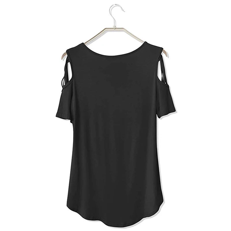 Women T-shirt 2026 New Fashion T Shirt Ladies Casual Letter Dance T-shirt Summer Casual Off Shoulder Hollow Femme Tops Tee