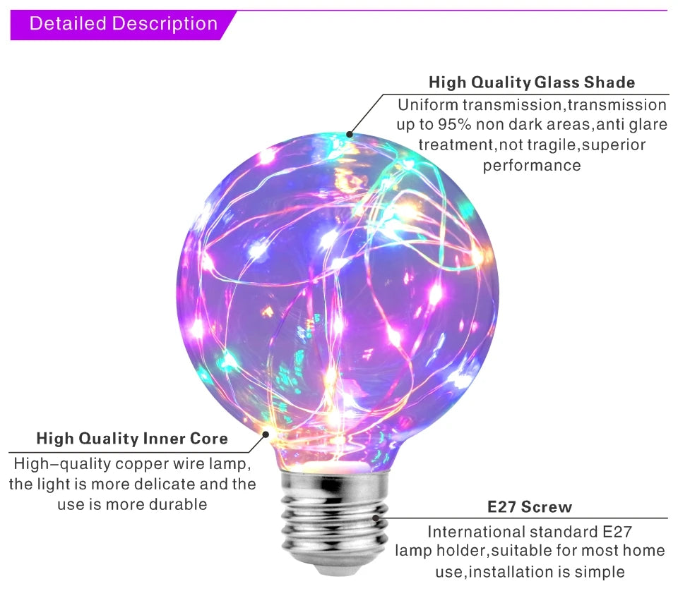 LED Edison String Night Light Bulb E27 110V 220V G95 Colorful Round Globe Glass RGB Copper Wire Bulb Home Decor Holiday Lamp