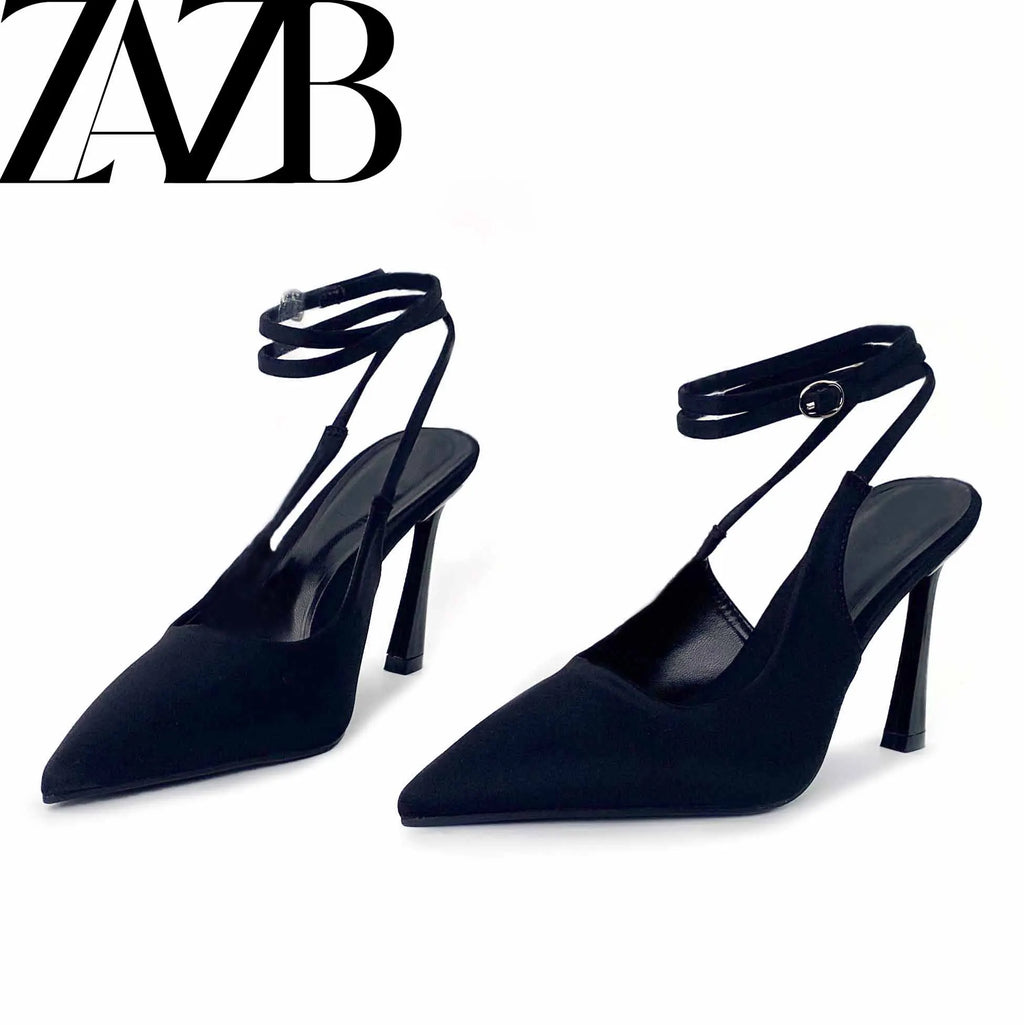 Women's Crossed Thin Ribbon Pointed Toe Heeled Sandals