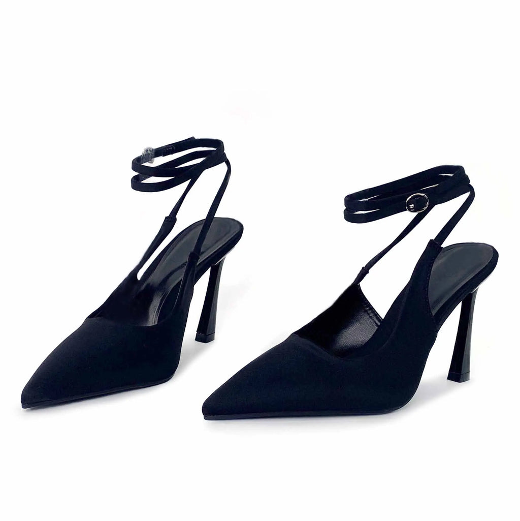 Women's Crossed Thin Ribbon Pointed Toe Heeled Sandals