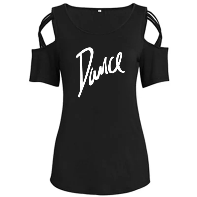 Women T-shirt 2026 New Fashion T Shirt Ladies Casual Letter Dance T-shirt Summer Casual Off Shoulder Hollow Femme Tops Tee