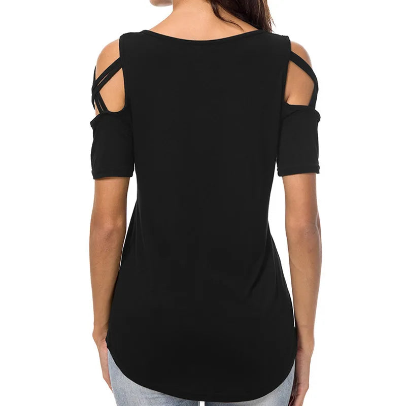 Women T-shirt 2026 New Fashion T Shirt Ladies Casual Letter Dance T-shirt Summer Casual Off Shoulder Hollow Femme Tops Tee