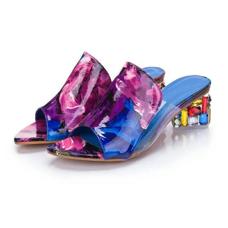 Women's Open Toe Thick Heel Sandals with Checkered Embroidery