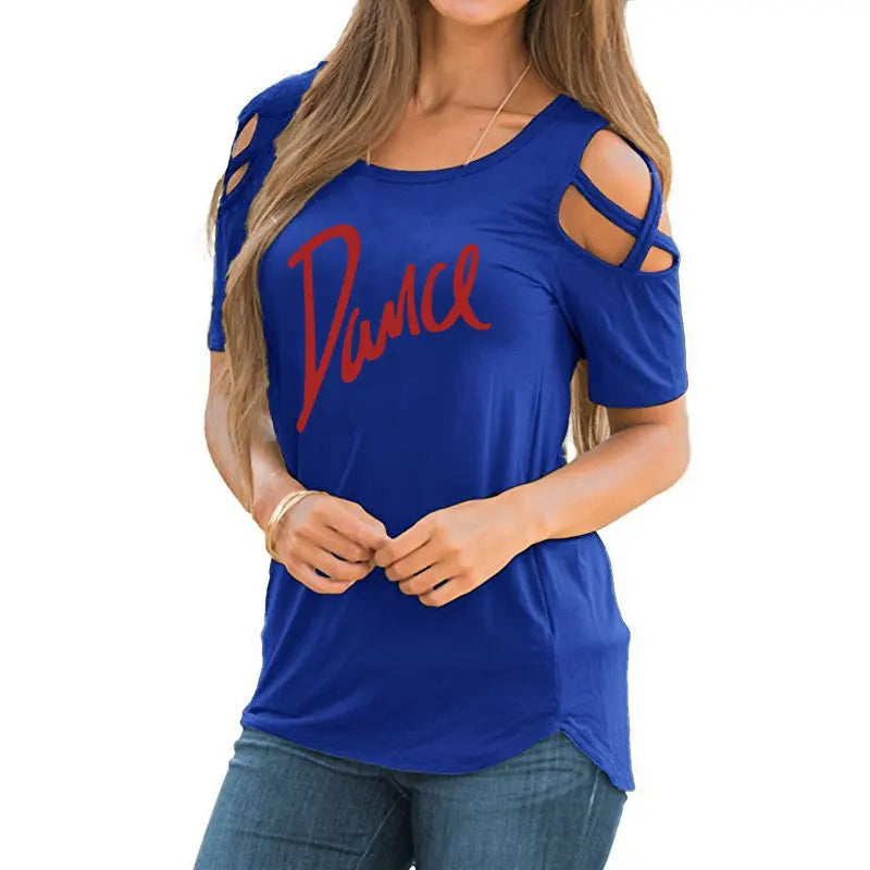 Women T-shirt 2026 New Fashion T Shirt Ladies Casual Letter Dance T-shirt Summer Casual Off Shoulder Hollow Femme Tops Tee