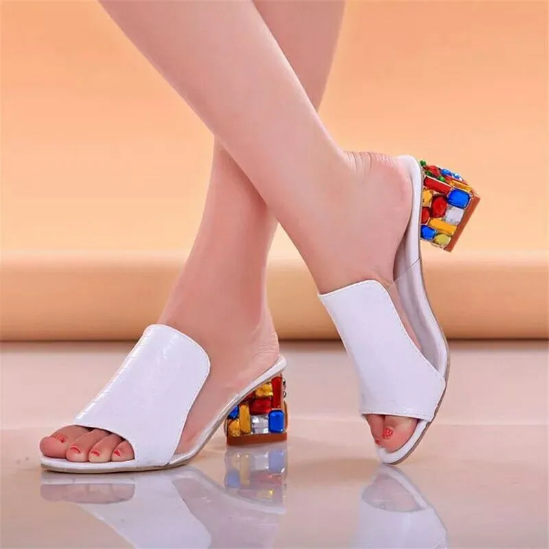 Women's Open Toe Thick Heel Sandals with Checkered Embroidery
