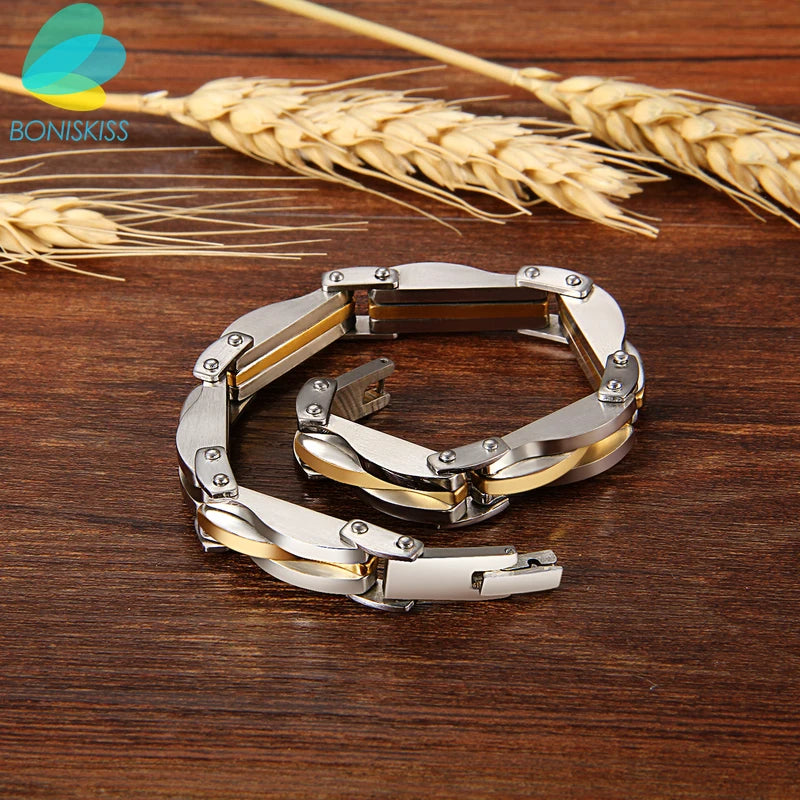 Two-Tone Rhombus Link Stainless Steel Bracelet – Gold & Silver Cuff Bangle for Men