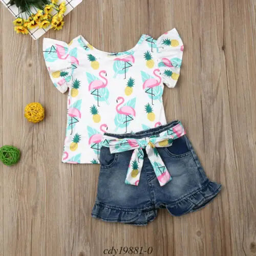 Toddler Kids Baby Girl Cartoon Floral Clothes Set Cotton Tops T-shirt Denim Pants Shorts Children Summer Outfits Clothes Sunsuit