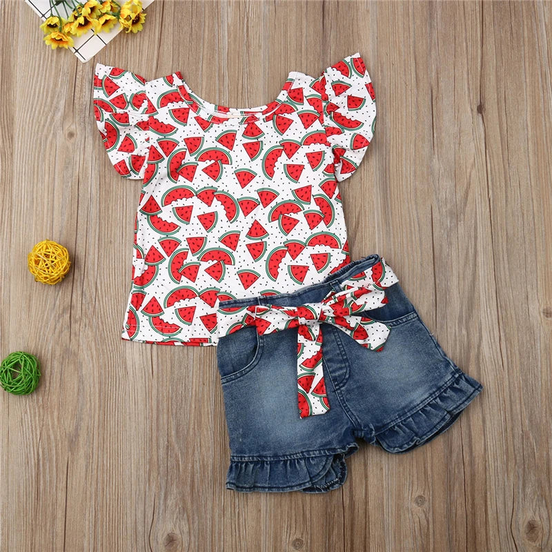 Girls Cartoon Floral Cotton Top & Denim Shorts Set