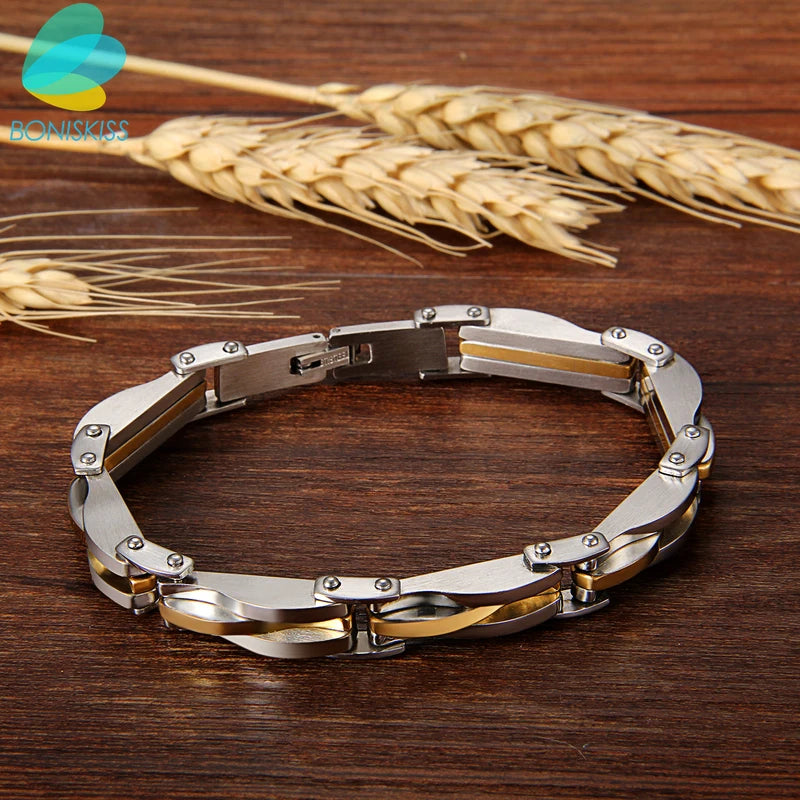 Two-Tone Rhombus Link Stainless Steel Bracelet – Gold & Silver Cuff Bangle for Men