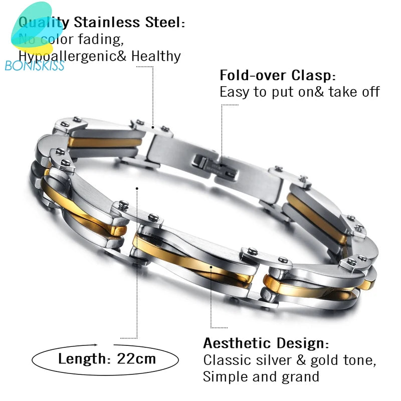 Two-Tone Rhombus Link Stainless Steel Bracelet – Gold & Silver Cuff Bangle for Men