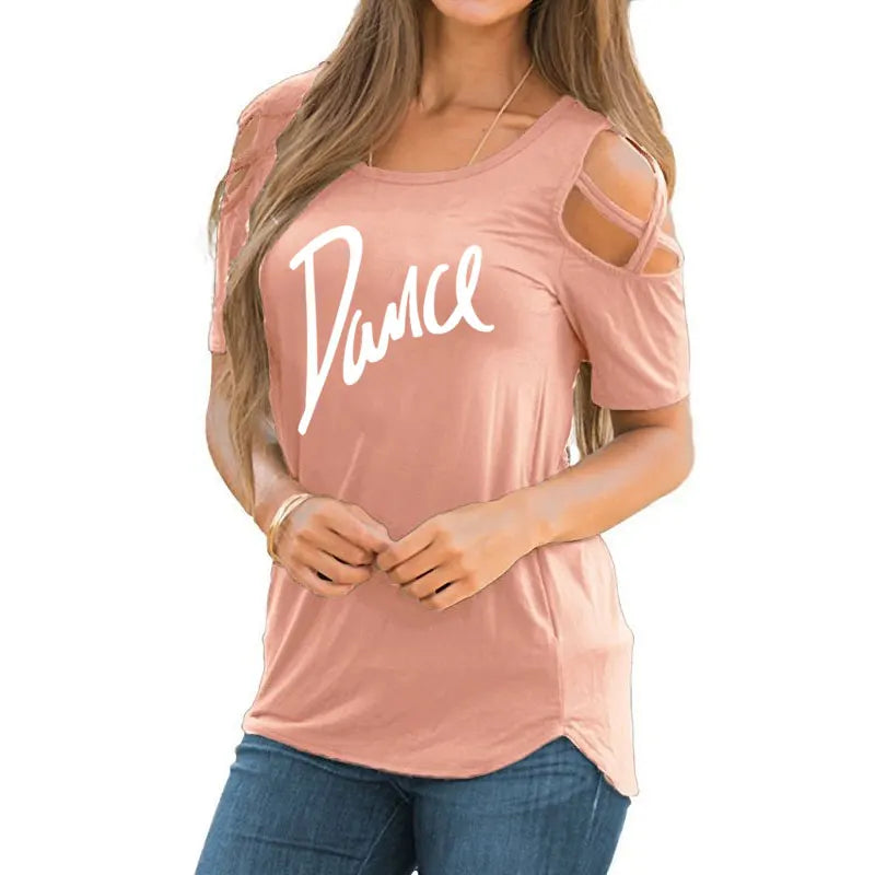 Women T-shirt 2026 New Fashion T Shirt Ladies Casual Letter Dance T-shirt Summer Casual Off Shoulder Hollow Femme Tops Tee