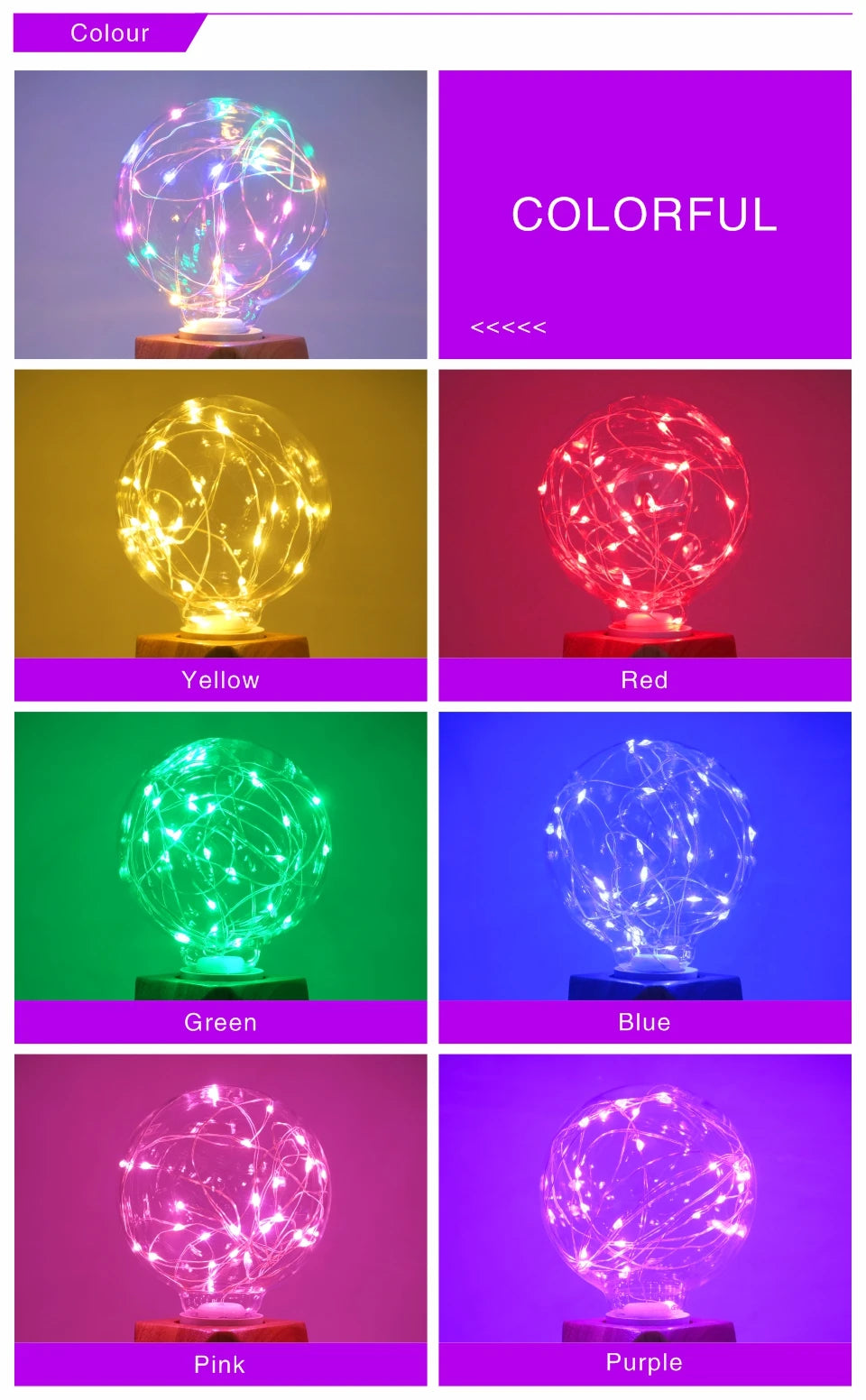 LED Edison String Night Light Bulb E27 110V 220V G95 Colorful Round Globe Glass RGB Copper Wire Bulb Home Decor Holiday Lamp