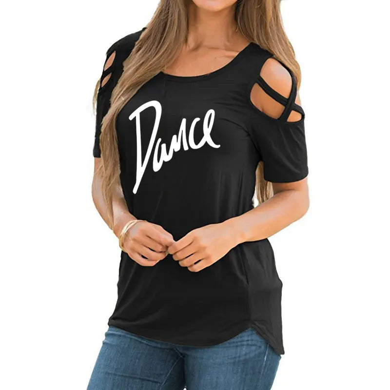 Women T-shirt New Fashion T Shirt Ladies Casual Letter Dance T-shirt Summer Casual Off Shoulder Hollow Femme Tops Tee