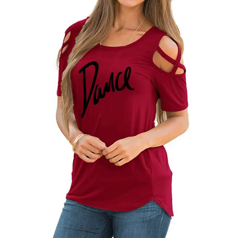 Women T-shirt 2026 New Fashion T Shirt Ladies Casual Letter Dance T-shirt Summer Casual Off Shoulder Hollow Femme Tops Tee