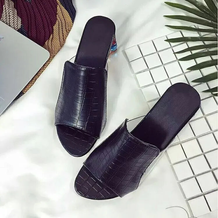 Women's Open Toe Thick Heel Sandals with Checkered Embroidery