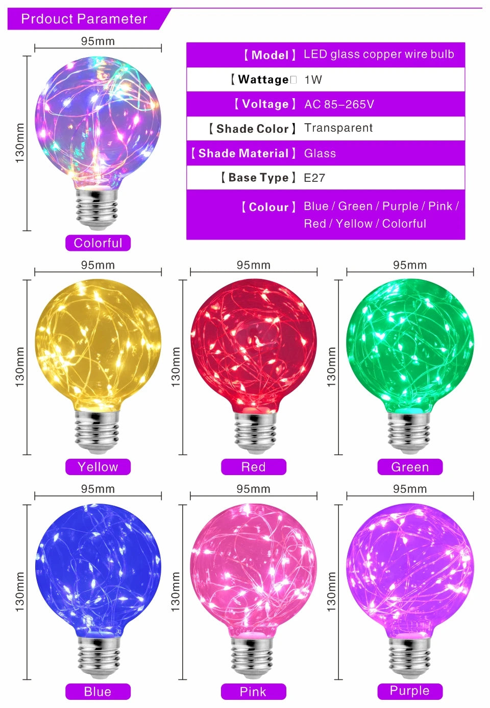 LED Edison String Night Light Bulb E27 110V 220V G95 Colorful Round Globe Glass RGB Copper Wire Bulb Home Decor Holiday Lamp