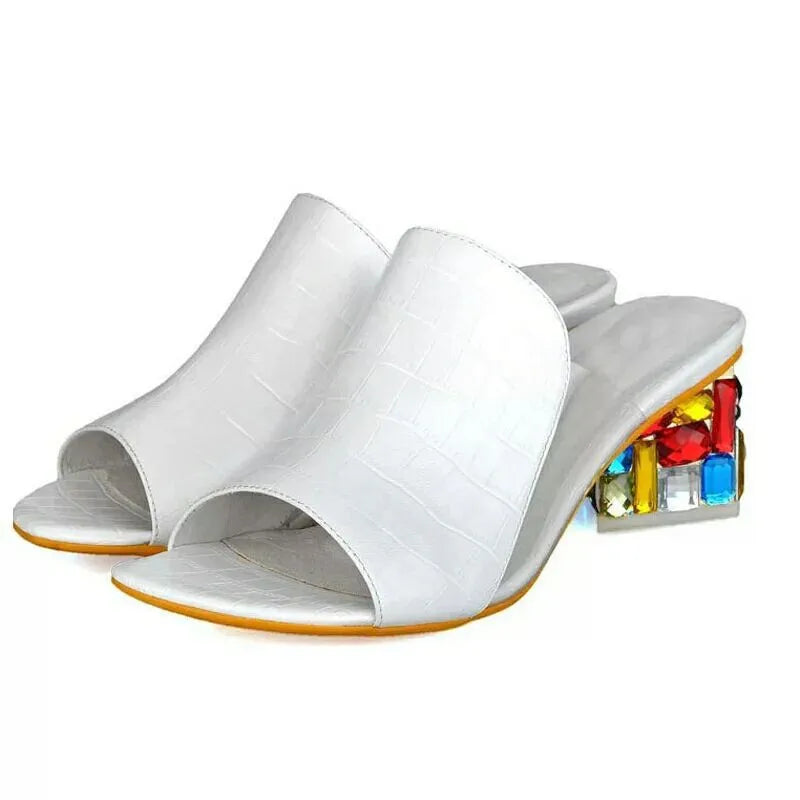 Women's Open Toe Thick Heel Sandals with Checkered Embroidery