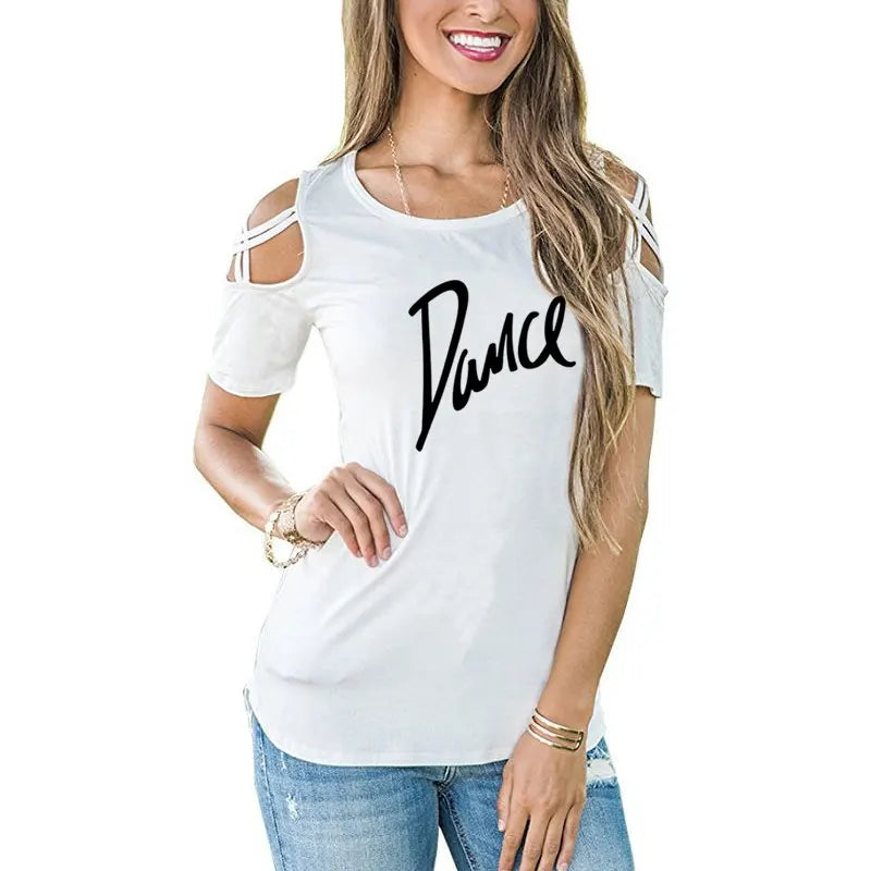 Women T-shirt 2026 New Fashion T Shirt Ladies Casual Letter Dance T-shirt Summer Casual Off Shoulder Hollow Femme Tops Tee