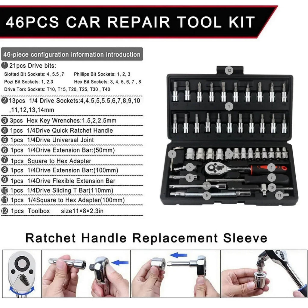 46-Piece 1/4 Inch Automotive Ratchet Wrench Tool Kit with Hard Case