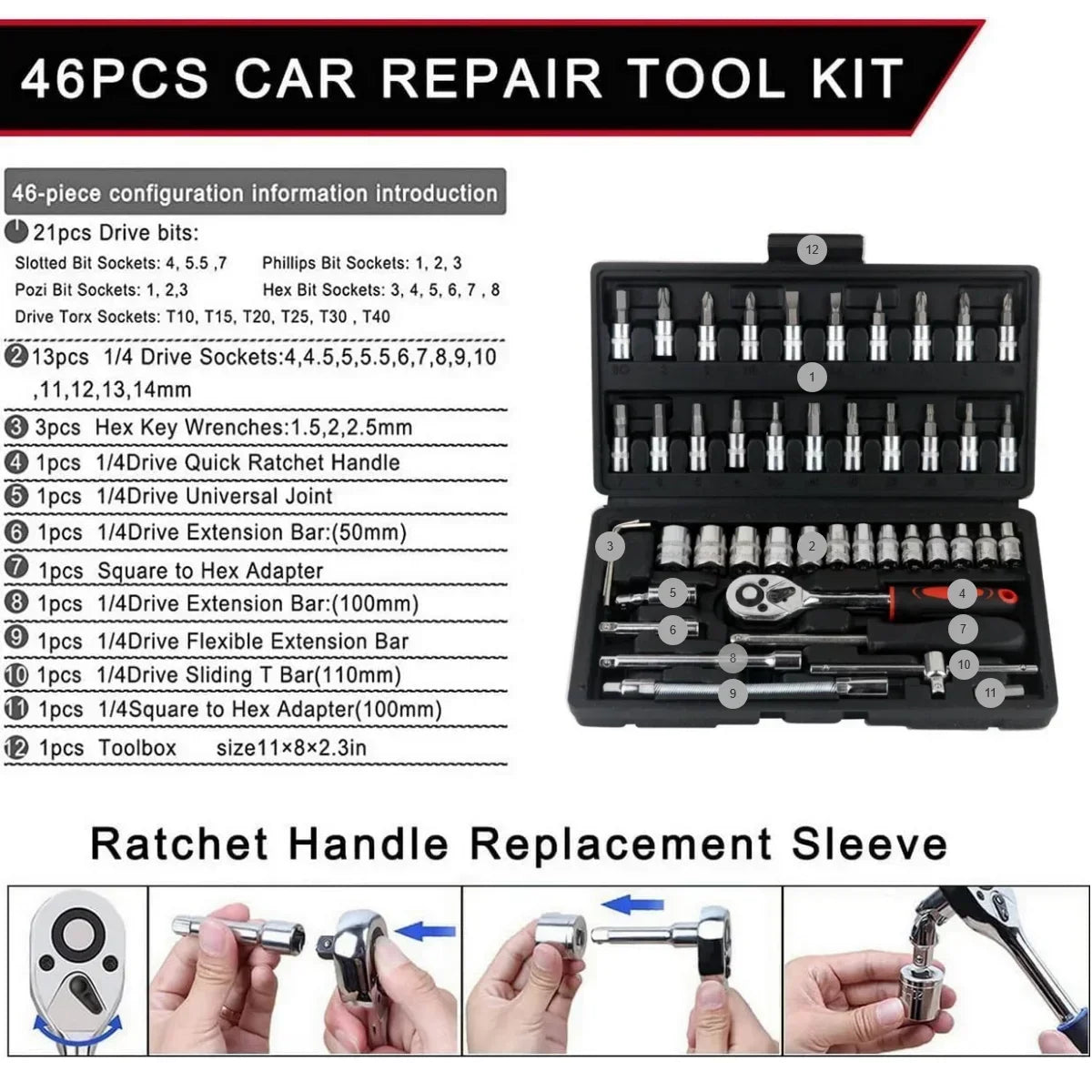 46-Piece 1/4 Inch Automotive Ratchet Wrench Tool Kit with Hard Case