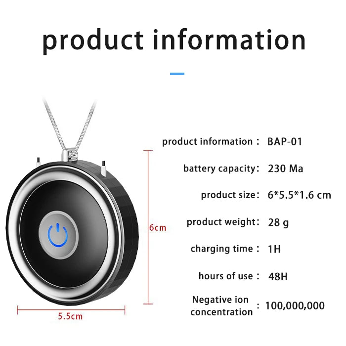 USB Rechargeable Wearable Necklace Air Purifier, Home Hanging Neck Type Car Oxygen Bar at Any Time Negative Ion Air Purifier