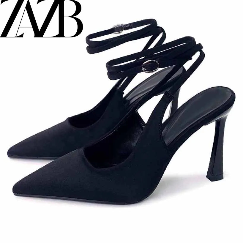 Women's Crossed Thin Ribbon Pointed Toe Heeled Sandals