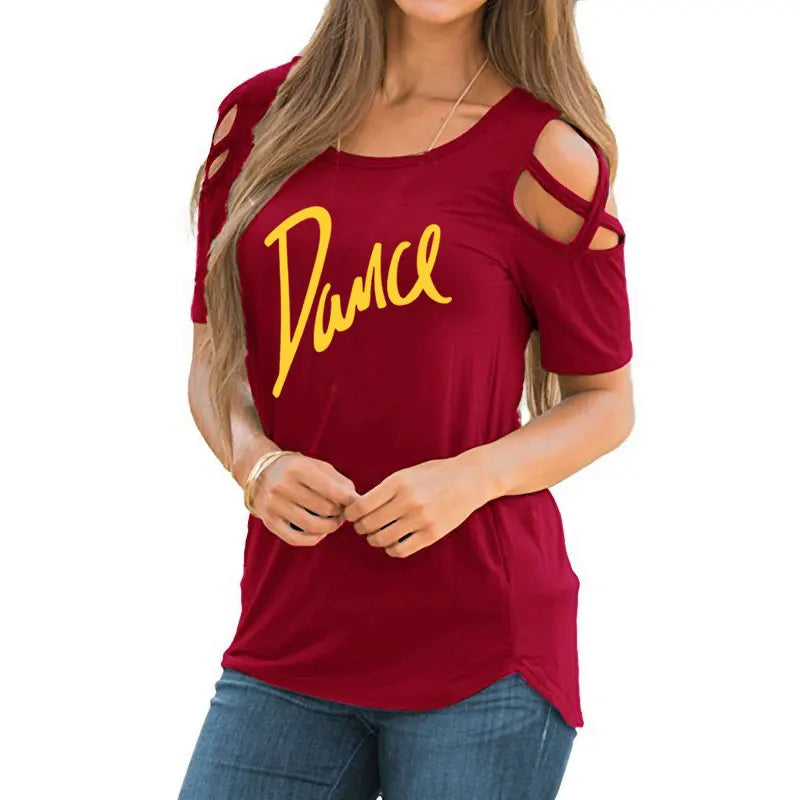 Women T-shirt New Fashion T Shirt Ladies Casual Letter Dance T-shirt Summer Casual Off Shoulder Hollow Femme Tops Tee