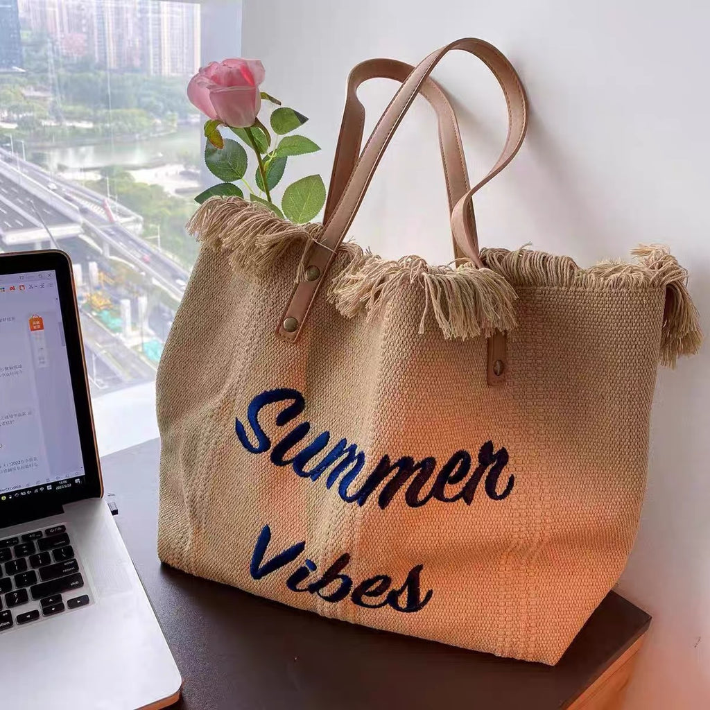 Women's Canvas Embroidered Letter Tote Bag