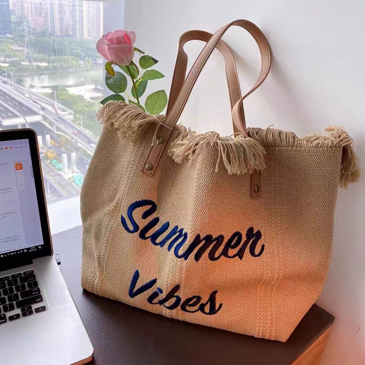 Women's Canvas Embroidered Letter Tote Bag