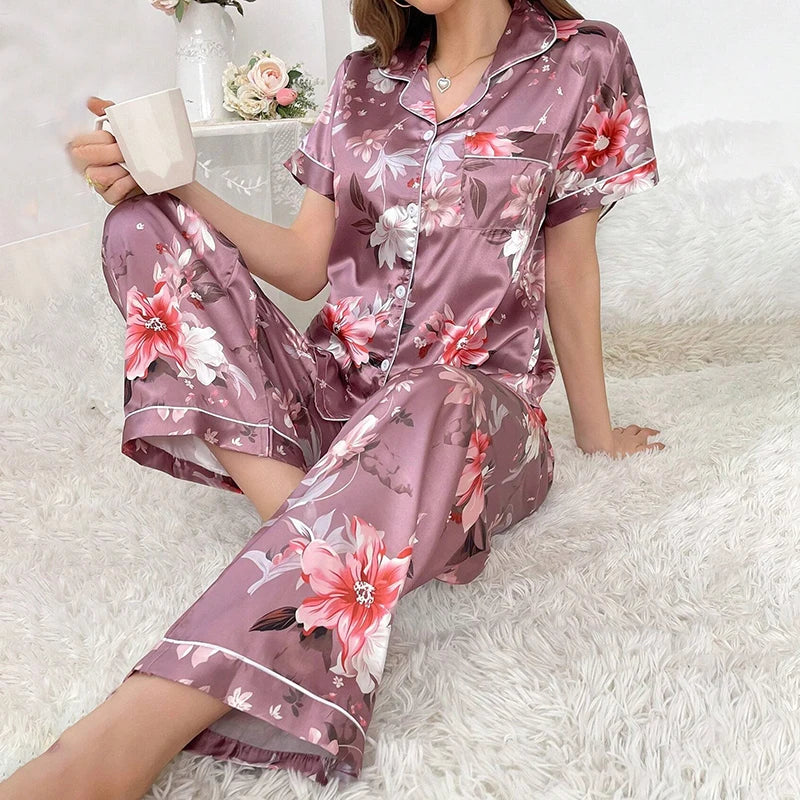 Women’s Satin Print Long Sleeve Button-Up Pajama Set – Full-Length Pants, 11 Colors, Sizes S–1XL
