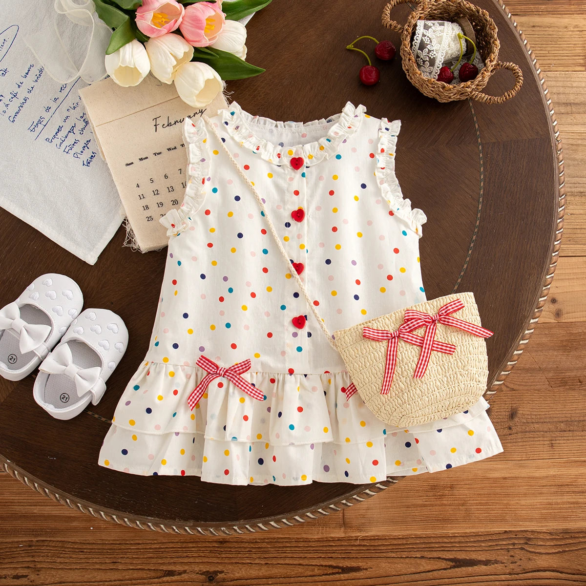 Toddler Girls Polka Dot Bow Sleeveless Summer Dress