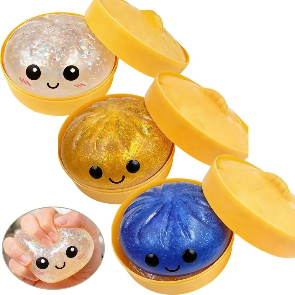Glitter Dumplings Squishy Soft with Steamer Steamed Bun Squishy Pinch Le Fidget Slow Resilience Squeeze Decompression Dough