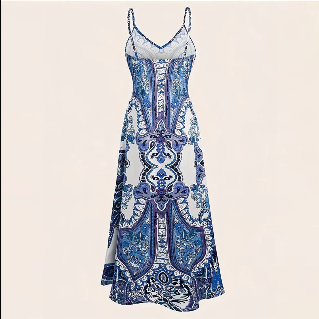 Women's Blue & White Porcelain Print Spaghetti Strap Maxi Dress
