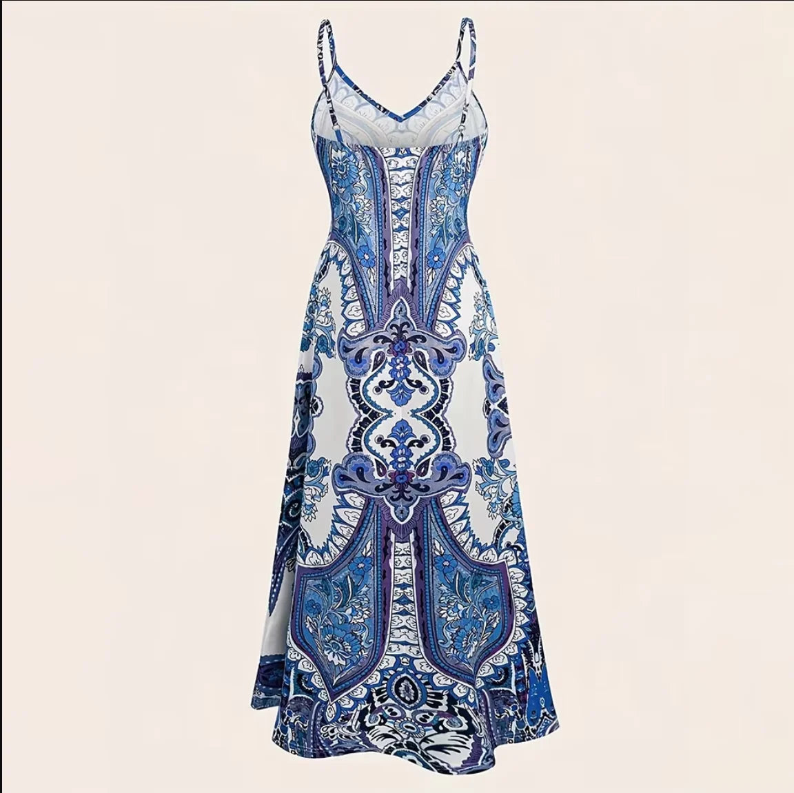 Women's Blue & White Porcelain Print Spaghetti Strap Maxi Dress