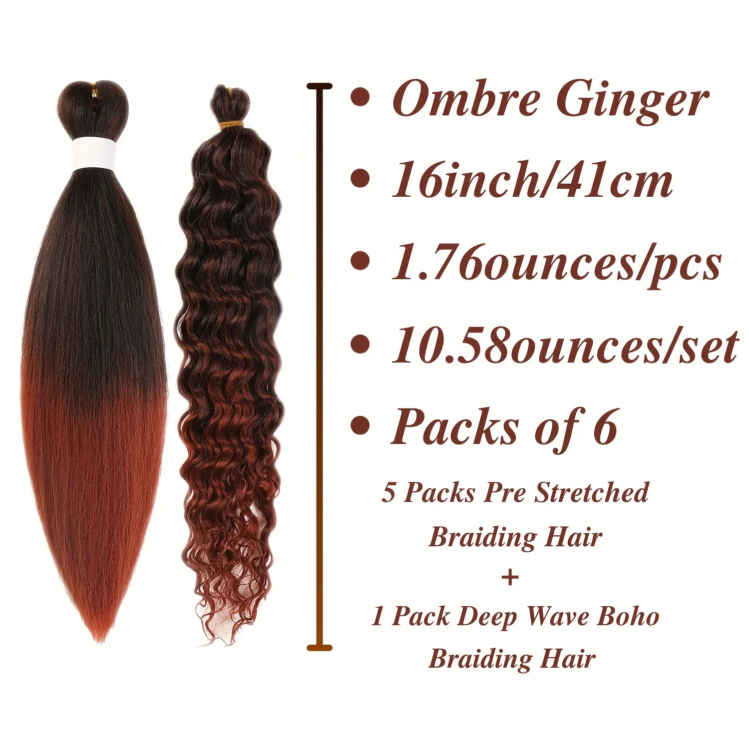 6pcs 24" Boho Braids | Ombre Brown | Pre-Stretched Synthetic | Long Wavy, Glossy | Holiday/Party/Casual | DIY Hair Accessories
