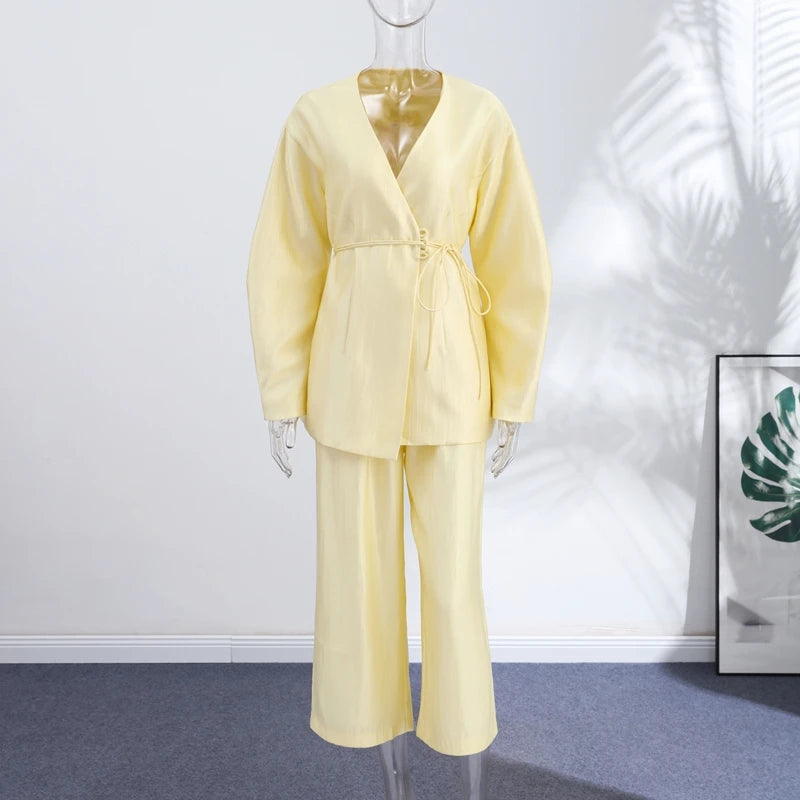 Elegant Stain Loose Jacket Pants Suit Women Solid Lace Up Full Sleeve V-neck Jackets Wide Leg Trousers Fashion Street Sets Lady