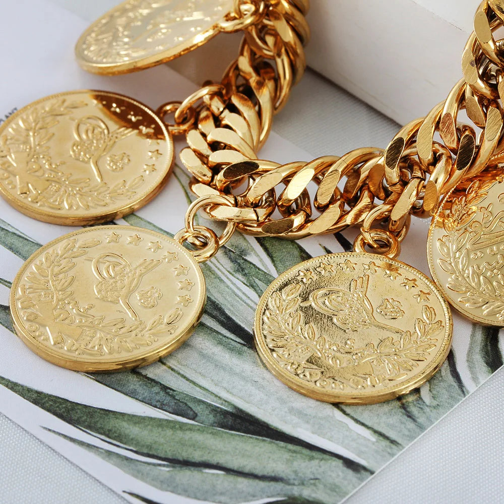 Turkish Coin Charm Bracelet – Gold-Tone Bangle for Women