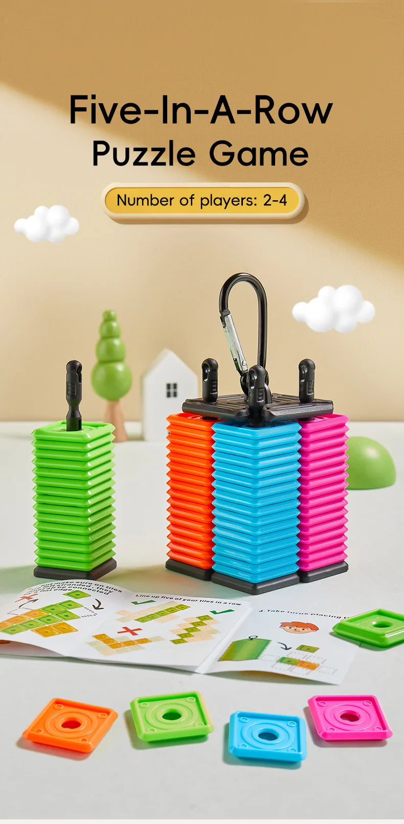 Portable Five-in-a-Row Game for Kids and Adults, Interactive Desktop Strategy Game with Colorful Pieces, Strategy Board Gam