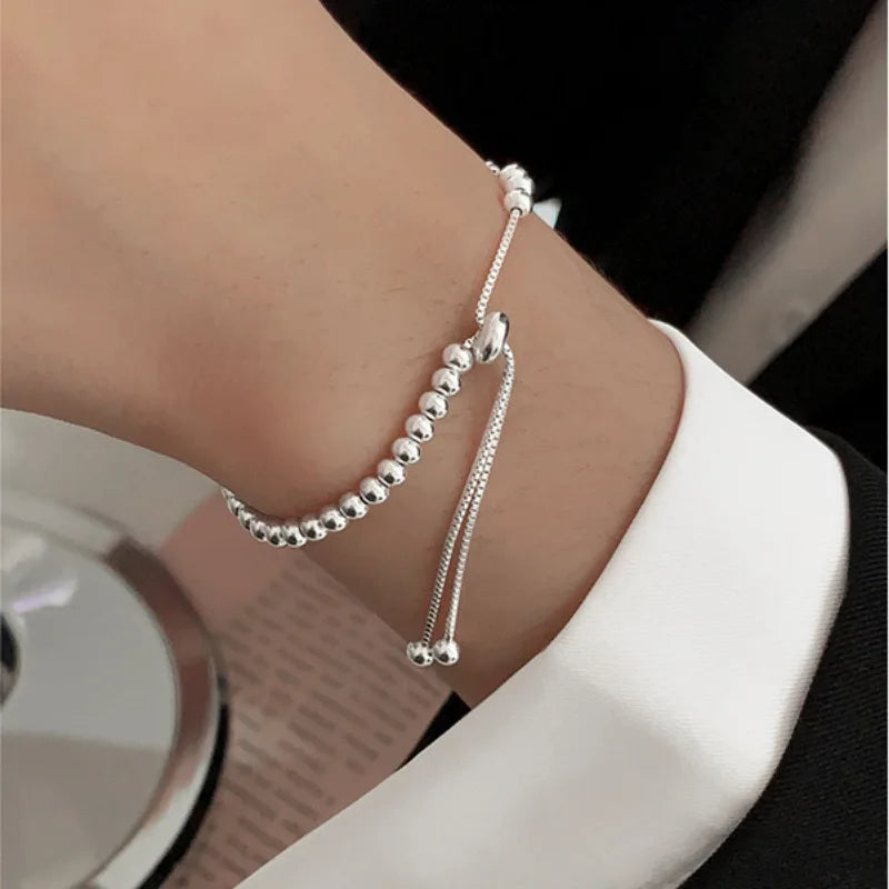 100% Solid 925 Sterling Silver Metal Bracelets for Women Men Beads Adjustable Handmade Simple Bracelet Birthday Christmas Gift
