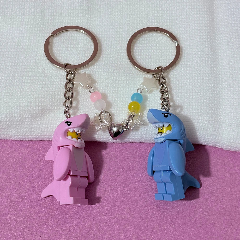 2pcs Cartoon Pink and Blue Shark Couple Keychain Heart-Shaped Building Block Splicing Keyring Backpack Pendant For Friends Gifts