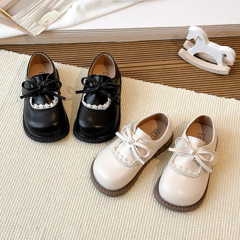 Girls Lace Trim Bow Mary Jane Princess Flat Shoes