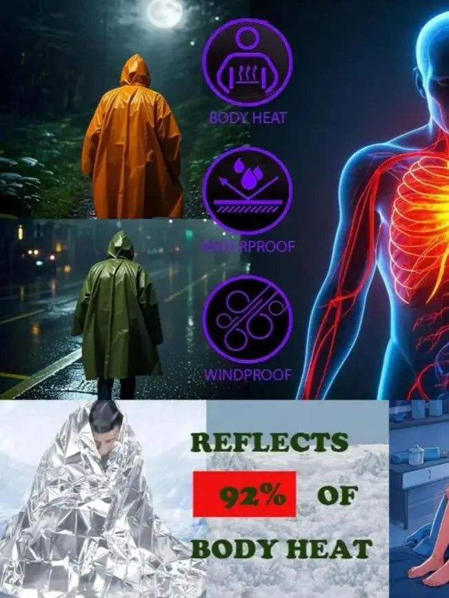 4X Survival Gear kit, Emergency Poncho (2pc), Emergency Space Blanket (2pc), Mylar Liner - Retains 92% Body Heat