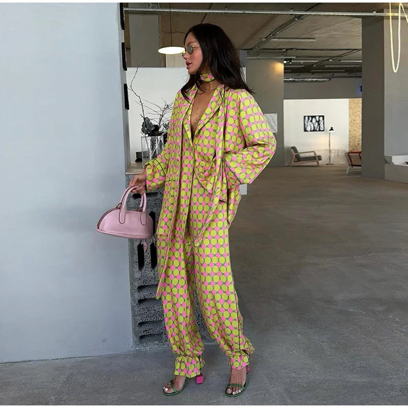 Loose Geometric Print Shirt Pant Sets for Women Ribbon Lapel Full Sleeve Pocket Shirts Wide Leg Trouser Summer Casual Suits