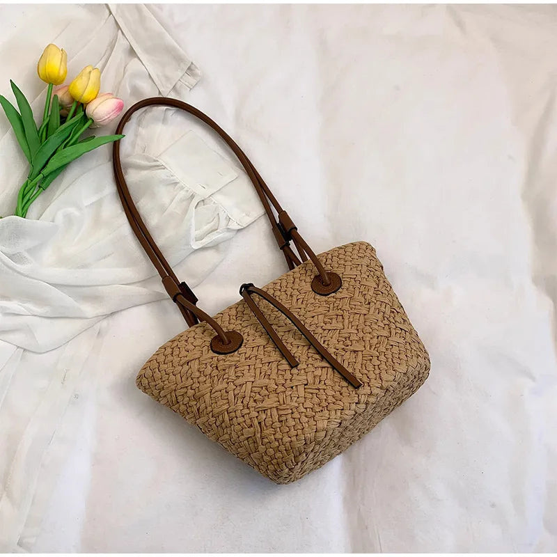 Women's Woven Straw-Style Bucket Tote Bag