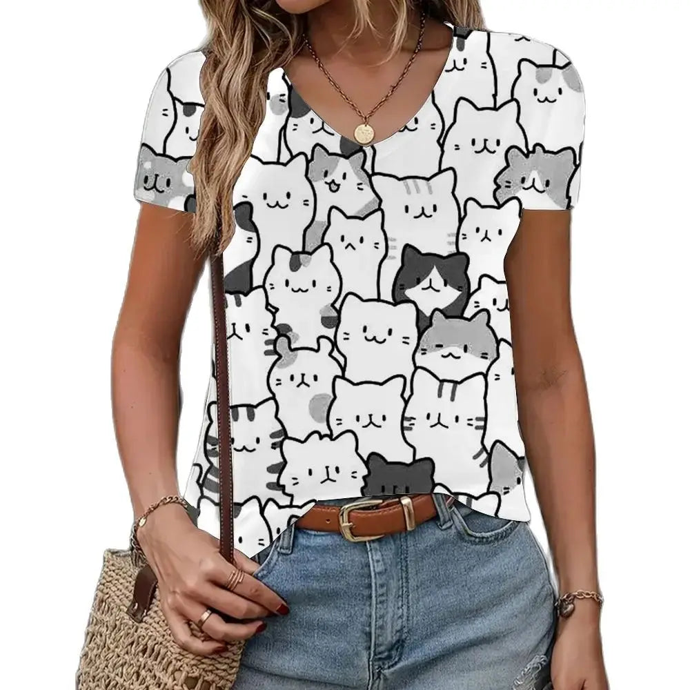 2024 New Women's Clothing T-shirt Summer Loose Short Sleeve 3d Cat Print Top Fashion V-neck Casual Clothing Women's T-shirt