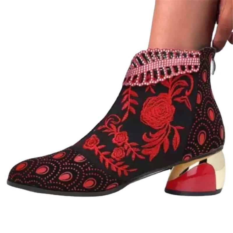 Women's Handmade Embroidered Square Heel Ankle Boots